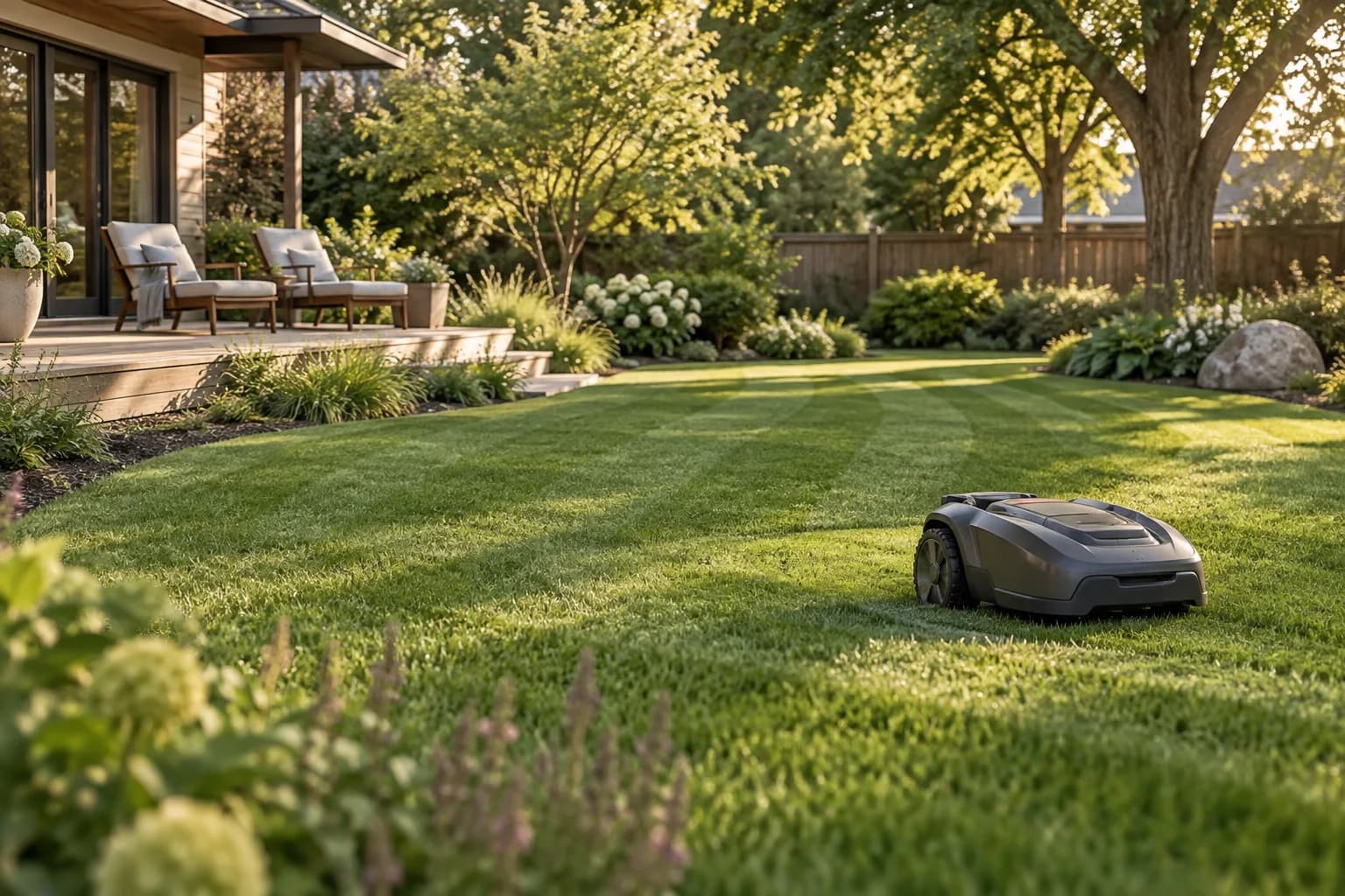 A robot mower tending a sunlit lawn beside an inviting garden patio